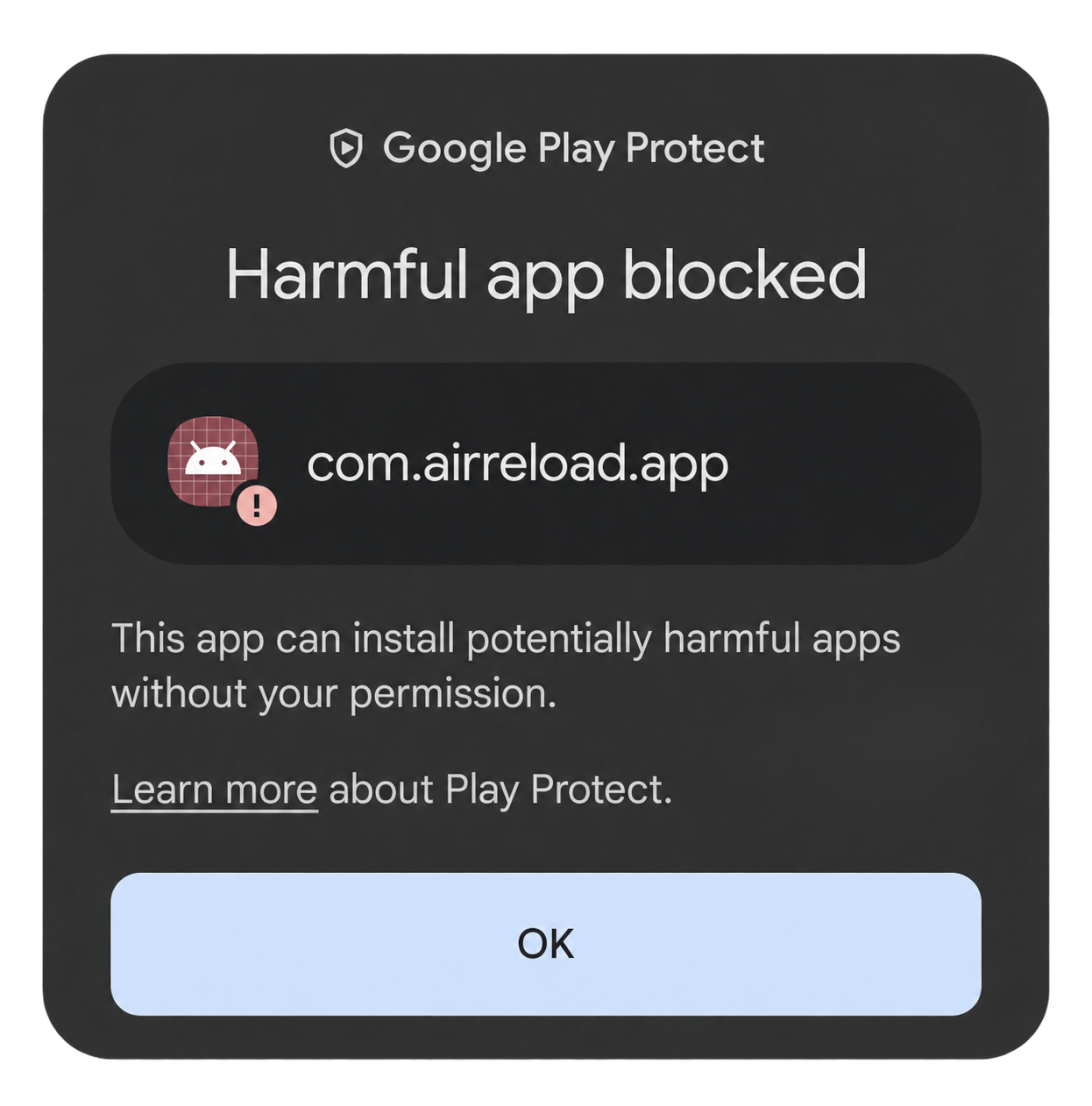 Google Play Protect: Harmful app blocked for com.airreload.app. The warning says the app can install potentially harmful apps without your permission.
